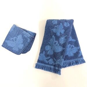 Vtg Cannon blue jacquard towel set raised butterfly floral pattern fringe trim